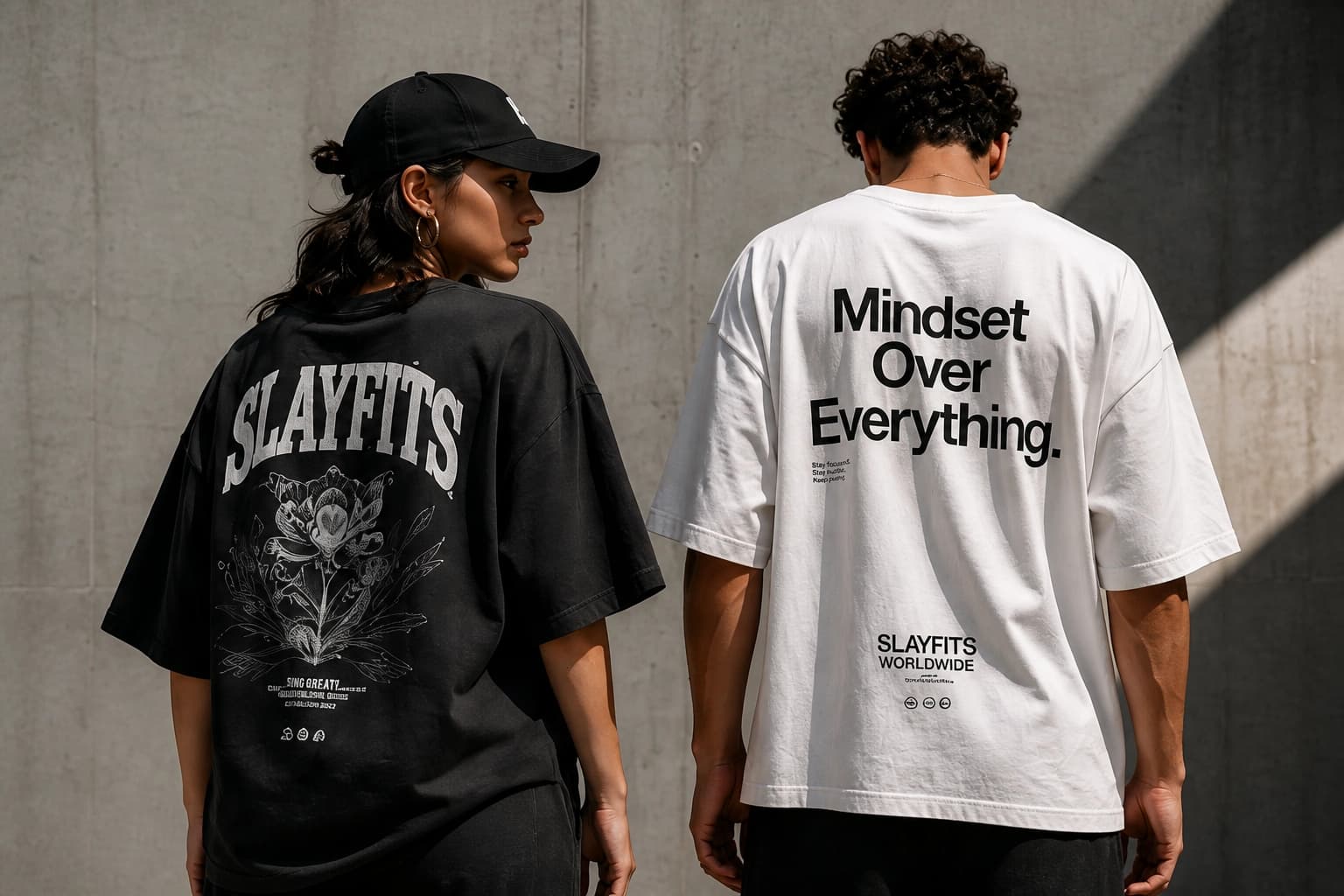 Two models wearing black and white SLAYFITS oversized tees